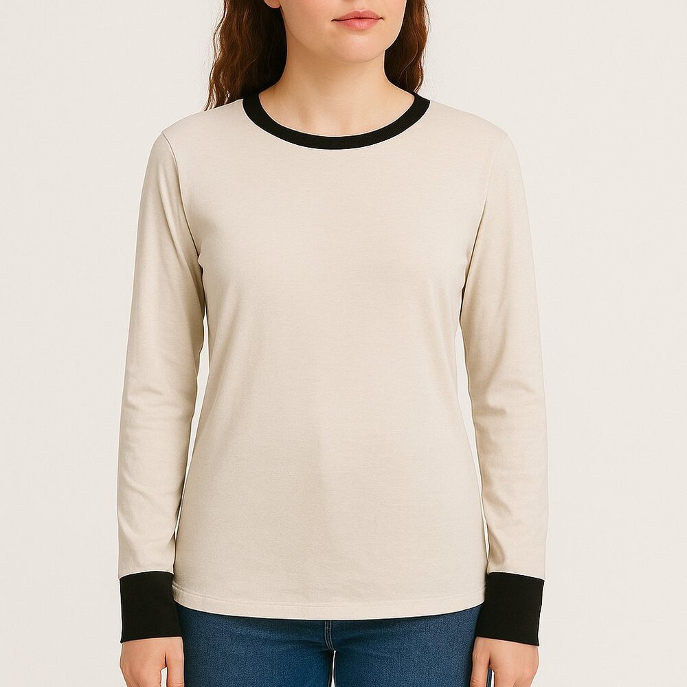 MONN (NWOT) Women's Ribbed Long Sleeve Top Contrast Cuffs & Neckline Beige XL